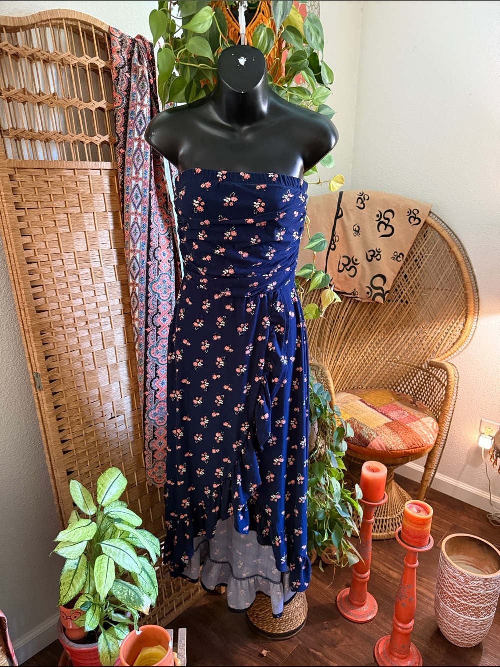 Strapless Navy Floral Midi Dress with Ruched Bodice